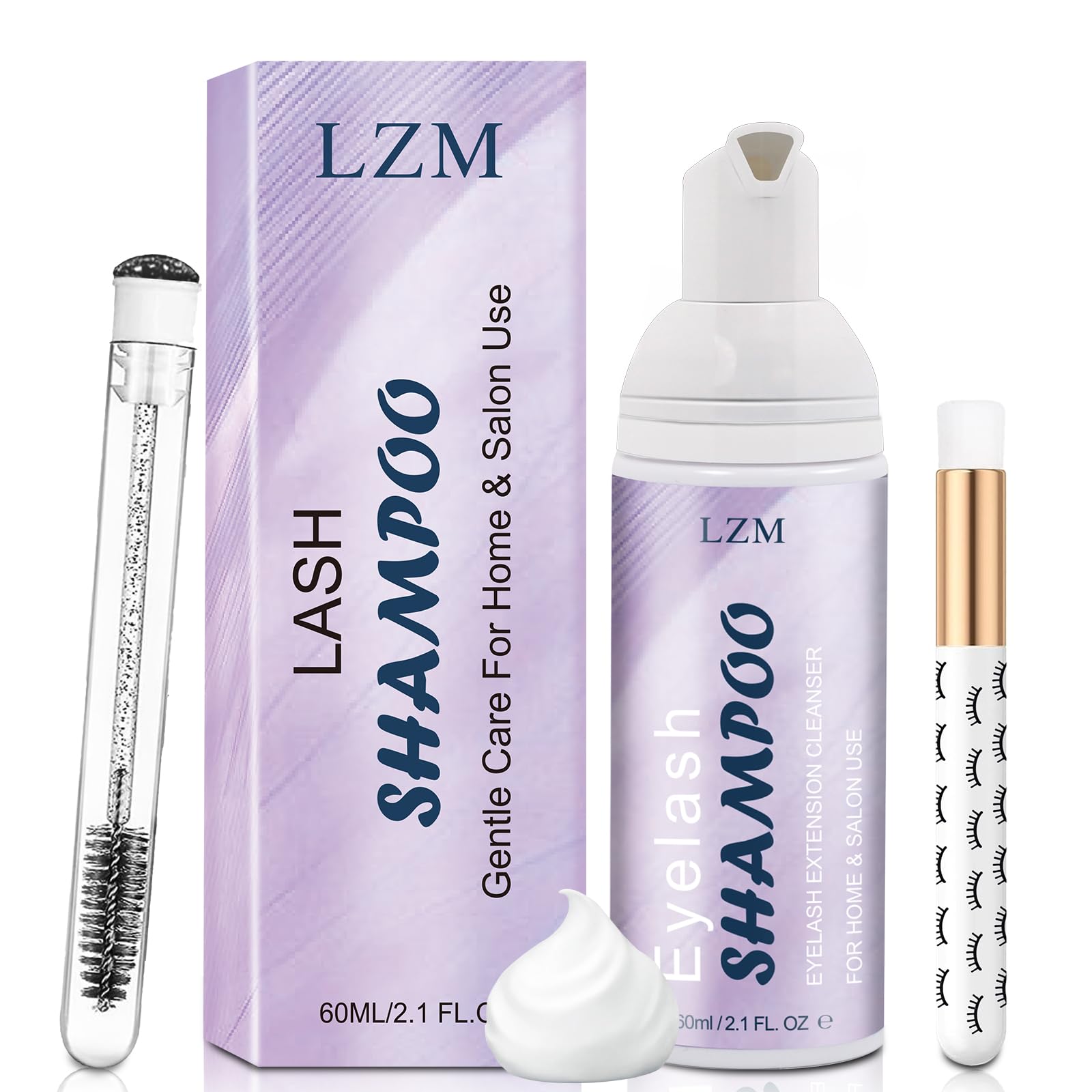 LZM Champú para Pestañas Limpiador de Pestañas - Kit de Limpieza para Lavado de Pestañas para Racimos de Pestañas/Extensiones de Pestañas Espuma Limpiadora de Pestañas Jabón de Pestañas Cuidado de Pestañas Sin Aceite 60ml (KIT DE CHAMPÚ 3-EN-1)